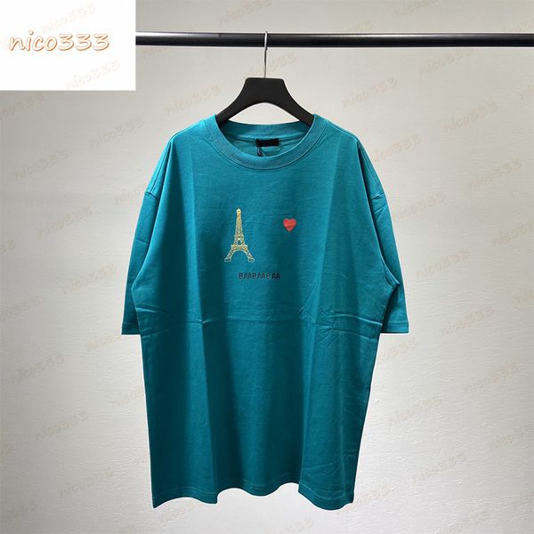 

22ss new tee paris tower colourful letters green black red blue embroidery loose cotton fashionable versatile men women, White;black