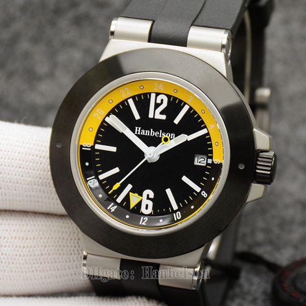 

mens mechanical adjust gmt automatic movement watch sapphire glass sports self-wind yellow and black dial rubber band wristwatches 44mm, Slivery;brown