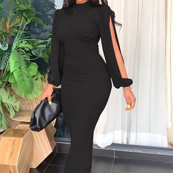 

casual dresses spring summer elegant slim women fashion round neck long sleeve party 220921, Black;gray