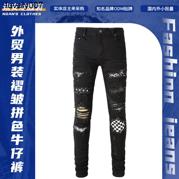 

men's jeans amirs jeans pleated colorblock jeans broken youth fashion slim fit leggings, Blue