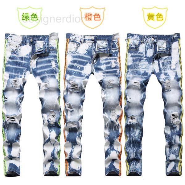 

men's jeans designer american fashion complex hand-painted monkey water dot hole webbing night gradient small straight jeans men 7pgl, Blue