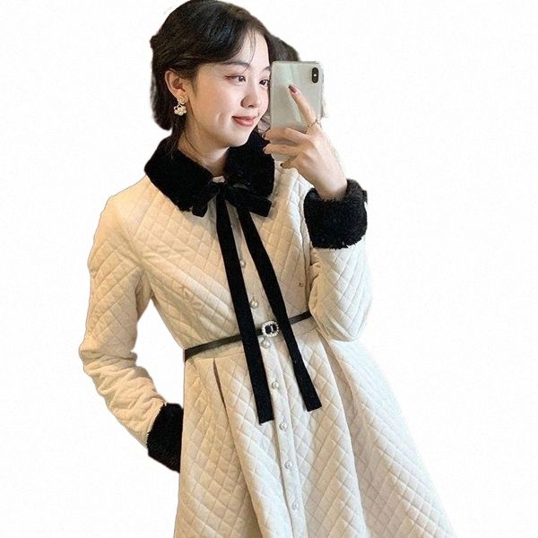 

women's down & parkas hstar plush dress 2021 autumn winter rhombus quilted french style retro waist-controlled mid-length elegant for w, Black