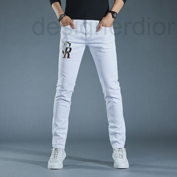 

men's jeans designer 2022 new summer mid waist trend embroidery casual white ordinary washed trousers youth elastic cotton jeans 6w4b, Blue