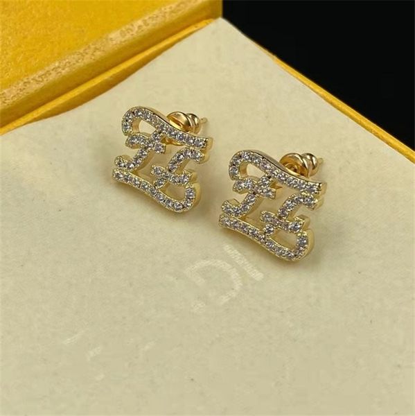 

charm design jewel ornament charm earring letter full water diamond plated 18k gold earrings brass 925 silver needle, Golden