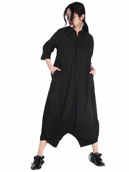 

women's jumpsuits & rompers fashion tide women summer stand collar pockets half sleeve o-neck jumpsuit female loose big size solid colo, Black;white