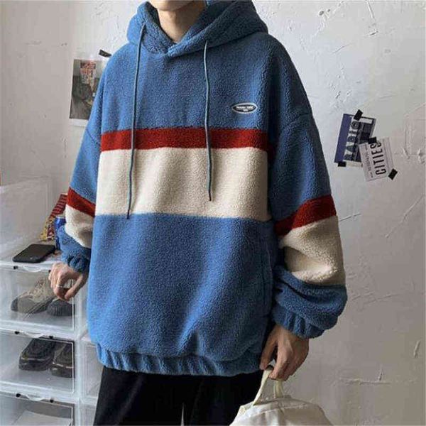 

men's hoodies sweatshirts warm hooded sweatshirt men autumn winter loose lamb wool hoodies fashion korean street styor patchwork pullov, Black