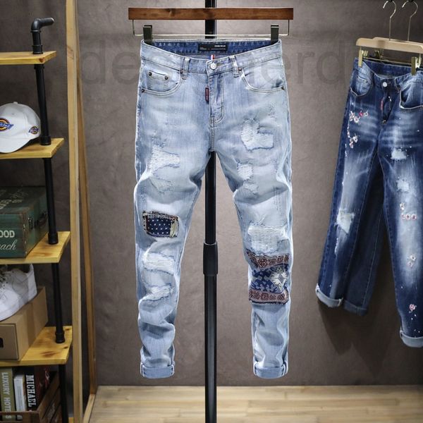 

men's jeans designer light blue tide brand hole fashion stretch men's korean slim leg pants u3db