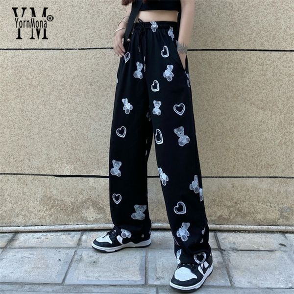 

women's pants capris yornmona cartoon print harajuku black women fashion high waist casual loose long trousers ladies straight streetwe, Black;white