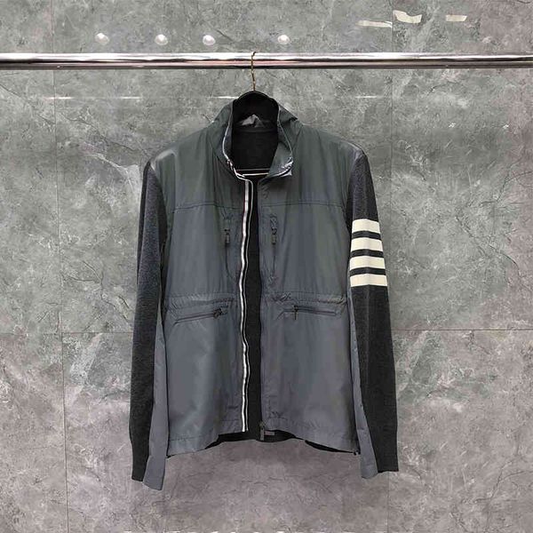 

tb thom windbreaker jacket fashion brand slim sweater patchwork cardigans clothing striped autumn winter casual coat, Black;brown