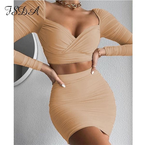 

two piece dress fsda set long sleeve crop and bodycon mini skirt ruched women autumn white club outfit party 220921