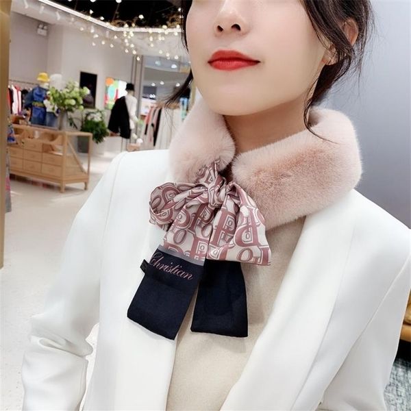 

new long skinny silk letter leopard printed hair head scarf with winter warm faux fur neck collar scarves for women foulard 201210235r, Blue;gray