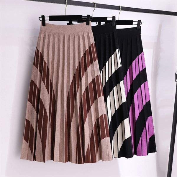 

skirts pleated womens knitted large size elastic high waist a-line long winter vintage casual office lady female 220921, Black