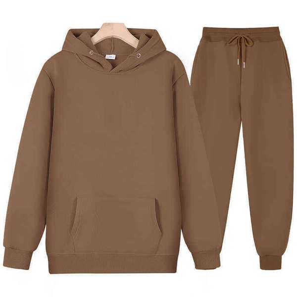 

men's tracksuits new men women tracksuit hoodies casual solid color thick pullover and long pant 2-piece set men autumn fleece jogger s, Gray