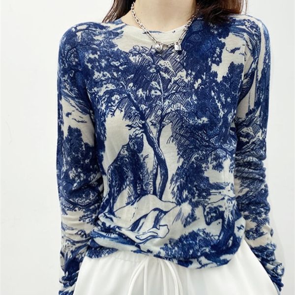 

women's t-shirt spring fall vintage blue and white porcelain print shirt women fashion ops o neck long sleeve slim knitting shirts cami