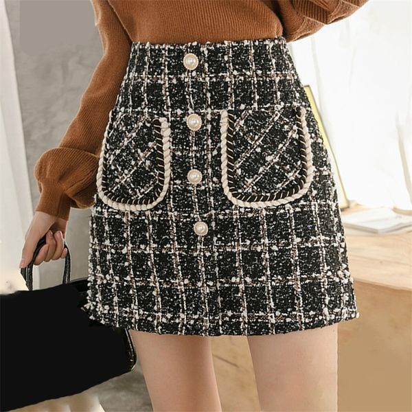 

skirts tweed women autumn winter pearl button mini pencil plaid wool korean high waist elegant ladies skirt 220921, Black