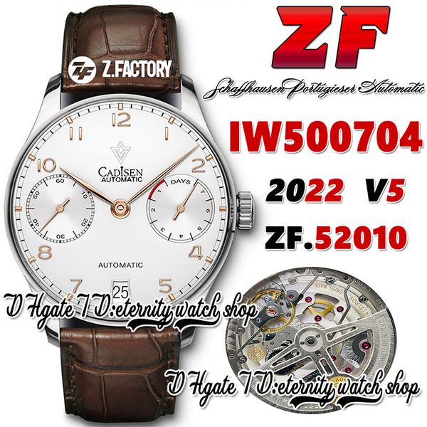 

zf v5 zf500704 a52010 automatic mens watch white power reserve dial gold number markers stainless case brown leather strap 2022 super editio, Slivery;brown