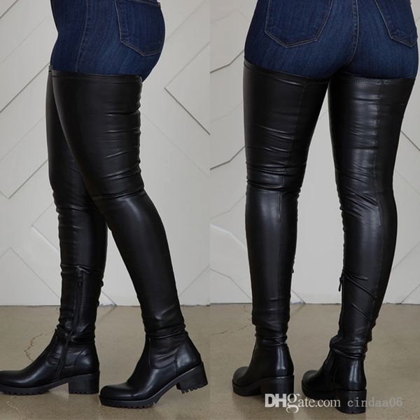 

new style designer womens long elastic pu leather boots low thick heel shoes, Black