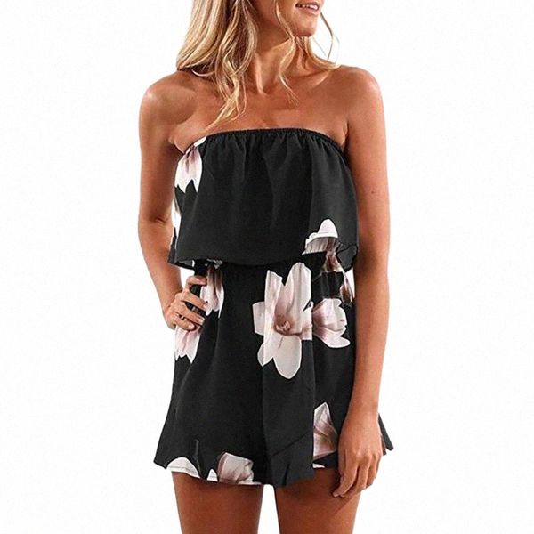 

women jumpsuits rompers summer pocket button plus size printed tube holiday mini playsuit ladies shorts jumpsuit women's & d9jp#, Black;white