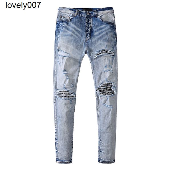 

men's jeans amirs men's pants summer new fashion brand hole elastic slim fit casual men's jeans, Blue