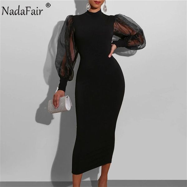

casual dresses nadafair mesh puff sleeve bodycon women high neck club outfits back split black party maxi winter 220921, Black;gray