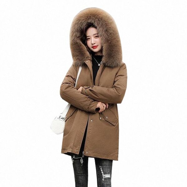 

women's down & parkas oversized fur collar hooded jacket winter parka 2021 mid-length plus velvet thick cotton liner warm outwear femal, Black