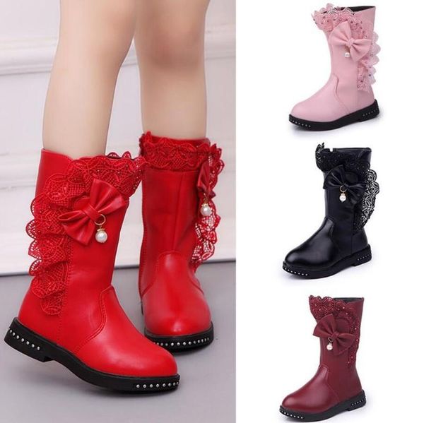 

boots autumn kids single boots children  snow winter warm girls leather fashion princess plus velvet lace bow shoes 220921, Black;grey