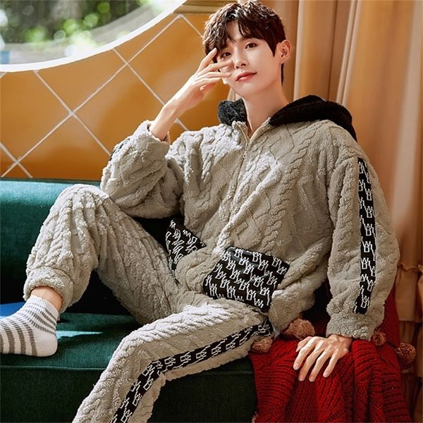 

men's sleepwear casual hooded pajama sets winter thick flannel warm pajamas for cartoon embroidery zipper trendyol 220920, Black;brown