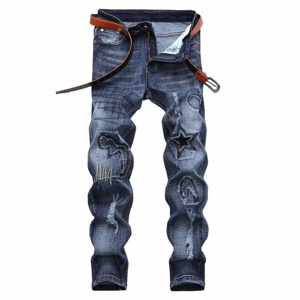 

men's jeans men straight distressed slim fit stoash scratched casual cotton denim pants male trousers hombre homme clothing plus 421 k5, Blue
