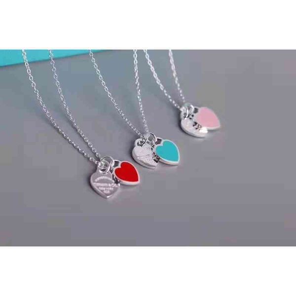 

carttiieerr tiffanyy t's classic blue enamel double heart tag necklace simple and fashionable, Silver