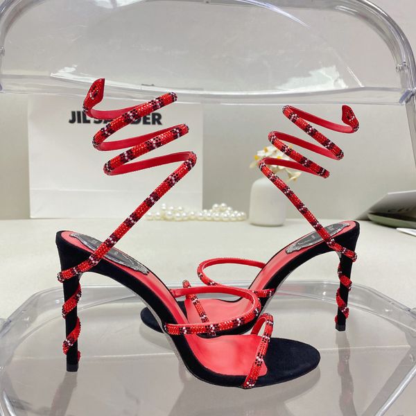 

rene caovilla margot embellished suede sandals snake strass stiletto heel evening shoes women high heeled luxury designer ankle wraparound m, Black