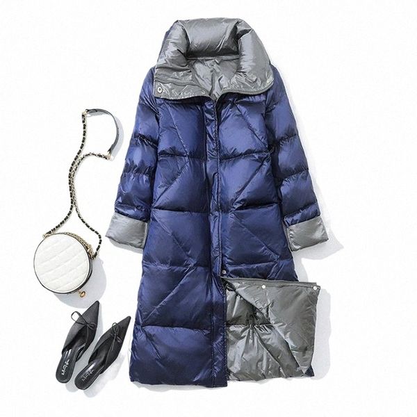 

women's down & parkas ftlzz winter double side light feather long jacket woman stand collar warm puffer outwear female 90% white duck f, Black