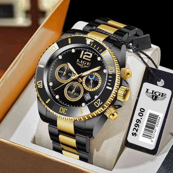 

wristwatches new lige luxury mens watches gold stainless steel quartz calendar watch for men business luminous quarzt clock relogio masculin, Slivery;brown