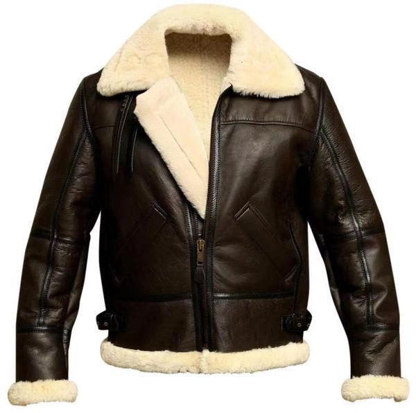 

men fur pu leather coat thickened warm thicken fleece bomber jacket, Black