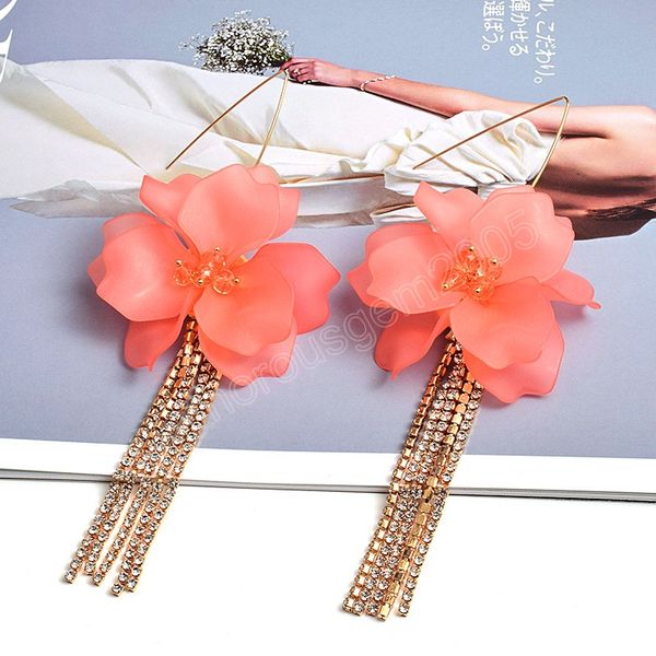 

flower-shaped long dangle earrings fashion jewelry for women clear resin petals accessories crystals chain tassels pendientes, Silver