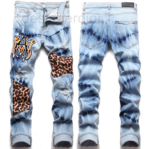 

men's jeans designer fashion brand autumn and winter broken embroidery tie dyed leopard patched slim fit personality feet pants 4cvn, Blue