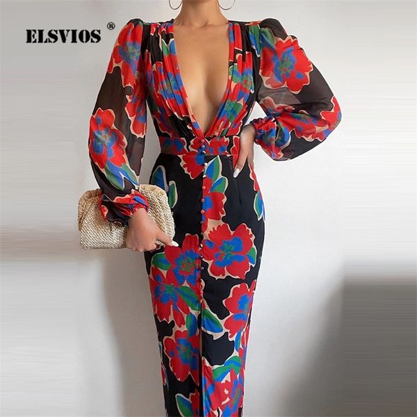 

casual dresses women button v-neck slit party lady elegant print slim maxi spring summer long sleeve high waist vestido 220921, Black;gray