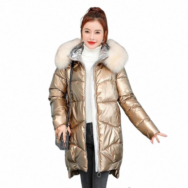 

women's down & parkas winter solid for woman casual thick ladies jackets hooded fur loose female puffer coats shiny padded cotton women, Black