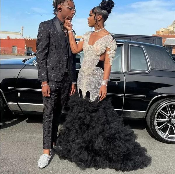 

plus size mermaid prom dress for black girls 2023 aso ebi sheer neck ruffles sparkly beading crystal birthday party evening occasion gown, Black;red