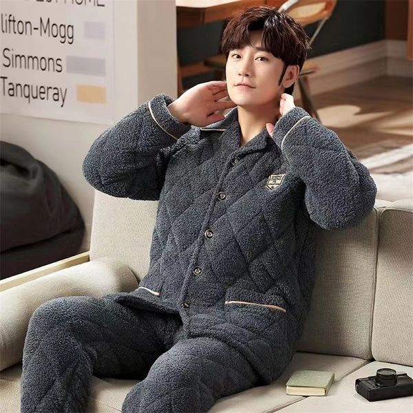 

men's sleepwear pajamas sets three layers warm thick winter coral fleece long sleeve turn down collar pijamas suits 220920, Black;brown