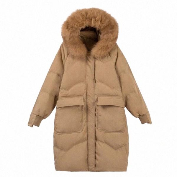 

women's down & parkas winter 2021 korean version parka outerwear women heavy hair collar pure color pocket loose long hooded white duck, Black