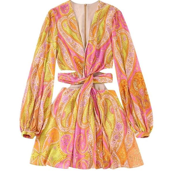 

casual dresses zevity women vintage v neck cashew nuts floral print chiffon mini dress female chic long sleeve twist hollow out vestidos ds1, Black;gray