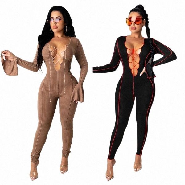 

evaqueen knitted hollow out jampsuit women long ruffle sleeves lace up sheath autumn clothes striped patchwork romper 2021 women's jump, Black;white