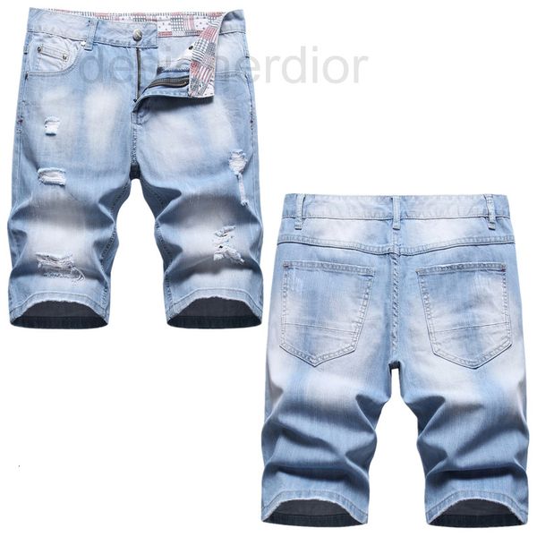 

men's jeans designer summer thin denim shorts men's perforated pants korean fashion loose straight print capris qwru, Blue