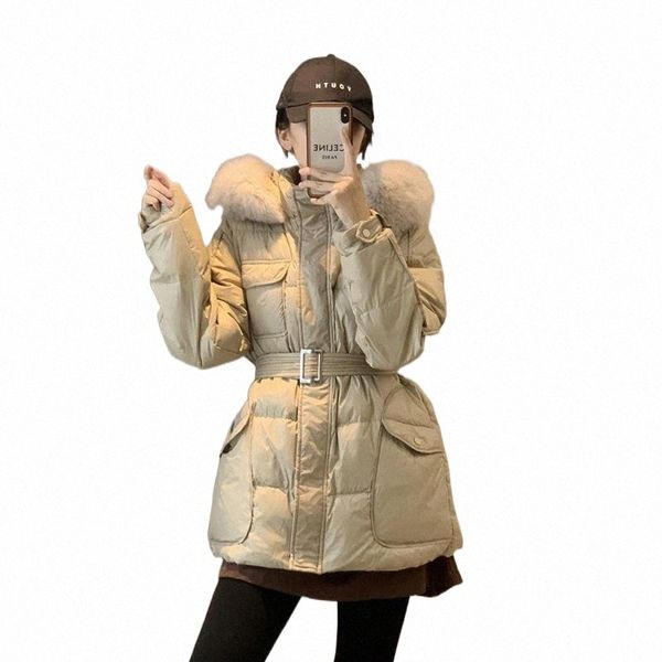 

women's down & parkas qingwen winter coat large fur collar jacket female 2021 korean fashion waist slim white duck jaqueta feminina g5l, Black
