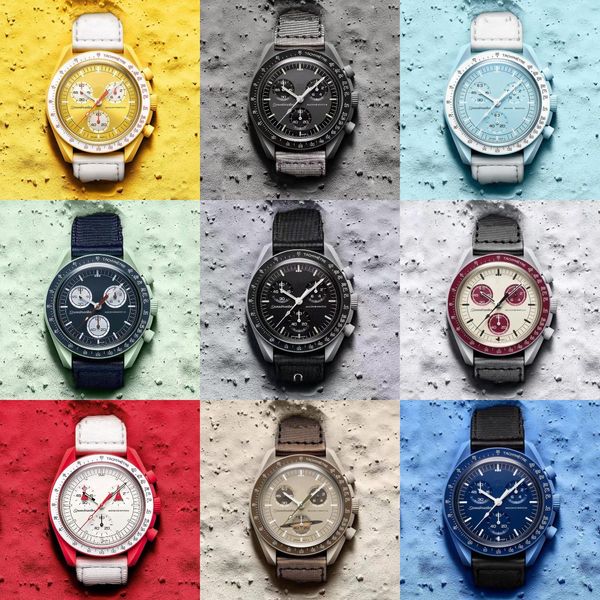 

bioceramic moonswatch mens brand watches quarz full function chronograph neptune watch mission to mercury 42mm luxury earth clock wristwatch, Slivery;brown