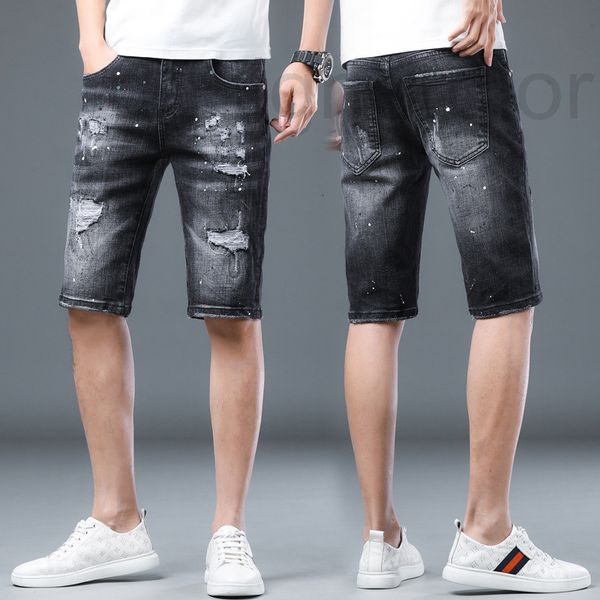 

men's jeans designer summer thin denim shorts men's high elastic black gray hole five point pants fashion brand youth casual breec, Blue
