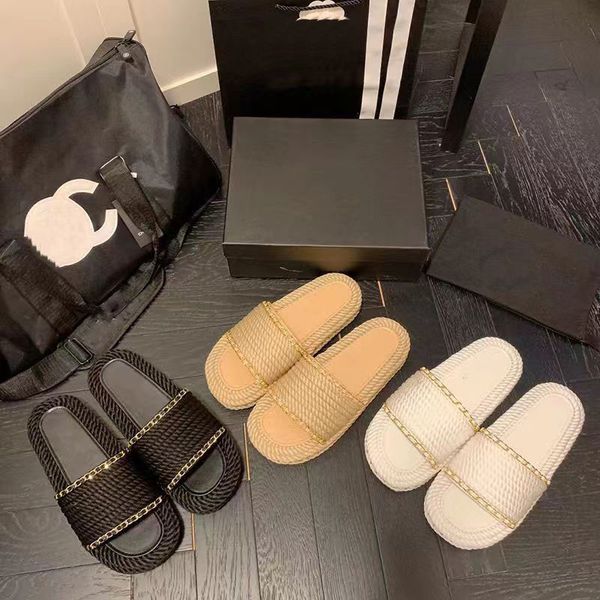 

2022 designer women luxury solid color slides slippers men outer wear sandals thick bottom chain woven fisherman hemp rope non-slip slipper, Black