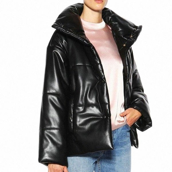 

women's down & parkas 2021 women winter fashion thick warm black pu faux leather coats ladies elegant cotton long sleeve padded jackets