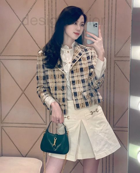 

women's jackets designer the right version autumn and winter of 2022 new gold thread plaid woven tweed small lapel short slim coat 9472, Black;brown