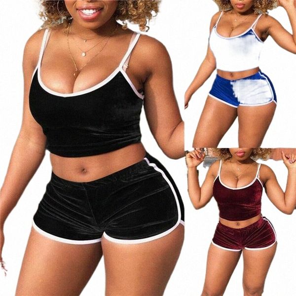 

women sleepwear velvet pajama sets plain bodycon strappy tank crop shorts 2pcs summer nightwear lingerie women's tracksuits r7oy#, Gray